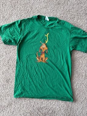 Green Graphic Tee with Cartoon Dog and Antler